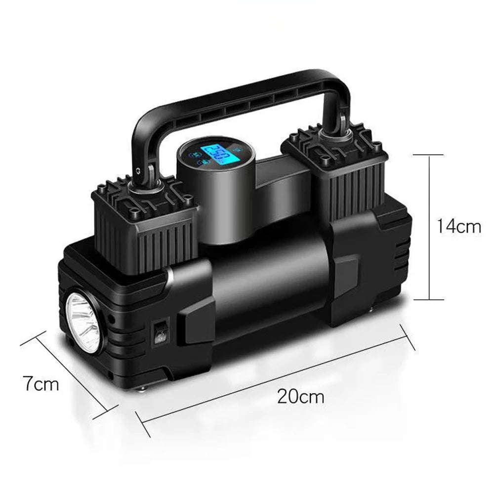 12V Mini Air Compressor – 150 PSI Dual Cylinder Tyre Inflator with LED Light