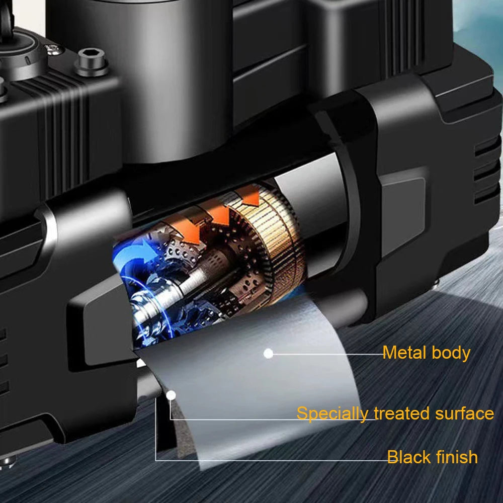 12V Mini Air Compressor – 150 PSI Dual Cylinder Tyre Inflator with LED Light