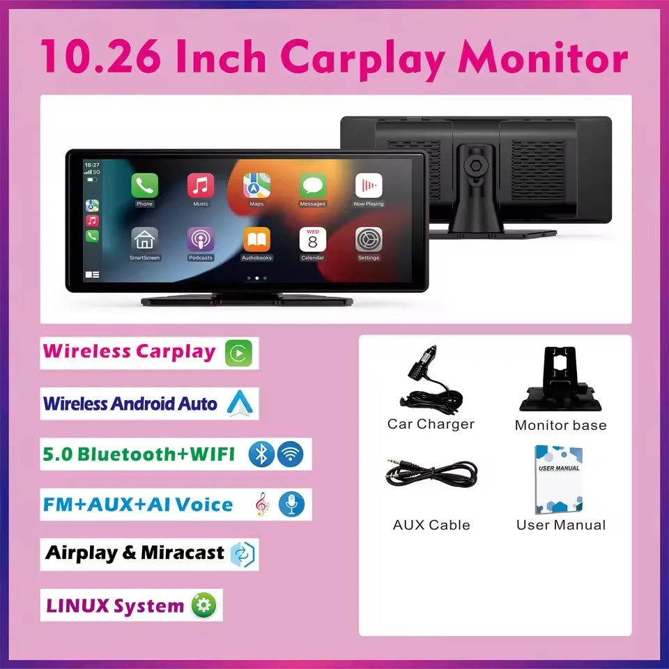 10" Portable Wireless CarPlay & Android Auto Screen – Touchscreen Car Display