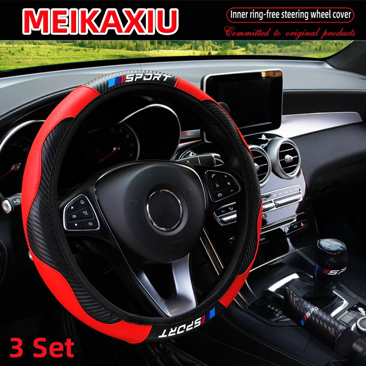 3PCS PU Leather Carbon Fiber Sport Car Steering Wheel Cover Handbrake Gearshift Automotive Accessories Rimless Design