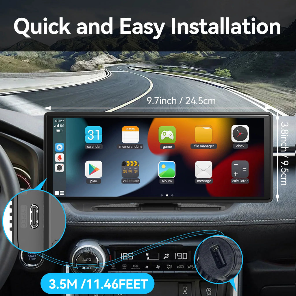 10" Portable Wireless CarPlay & Android Auto Screen – Touchscreen Car Display