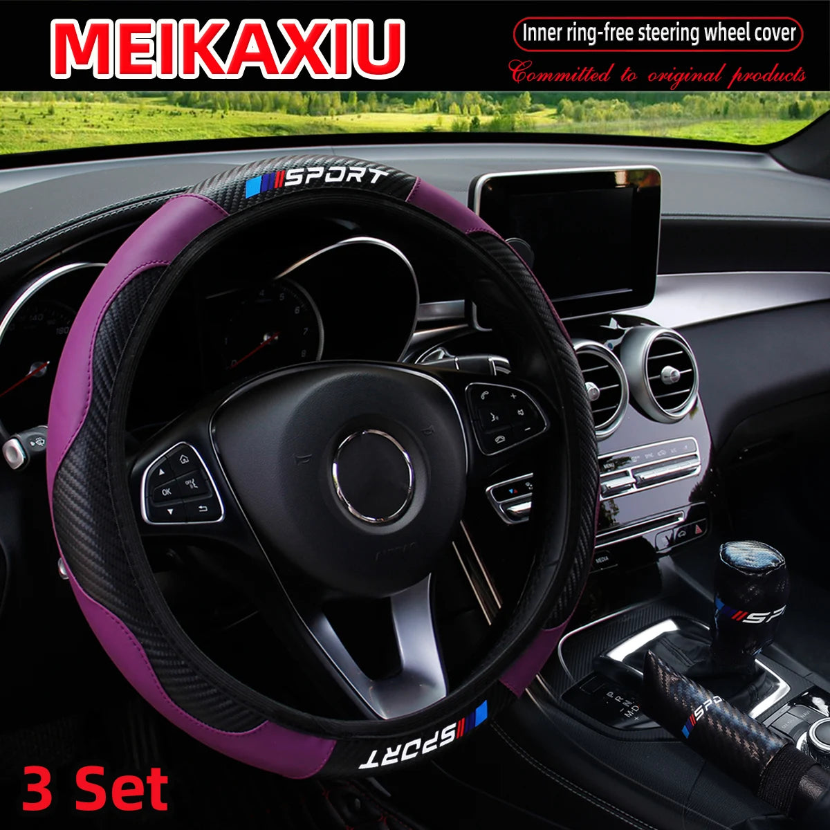 3PCS PU Leather Carbon Fiber Sport Car Steering Wheel Cover Handbrake Gearshift Automotive Accessories Rimless Design