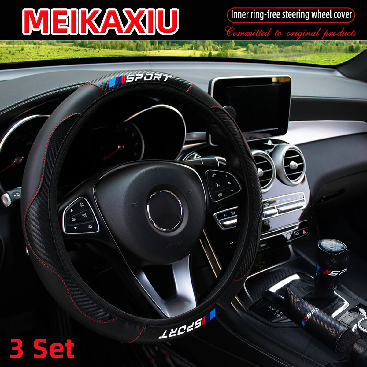 3PCS PU Leather Carbon Fiber Sport Car Steering Wheel Cover Handbrake Gearshift Automotive Accessories Rimless Design