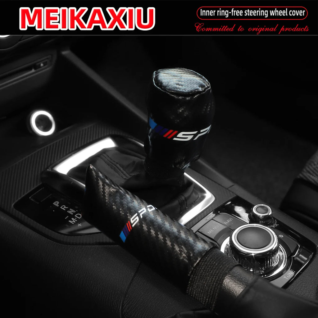 3PCS PU Leather Carbon Fiber Sport Car Steering Wheel Cover Handbrake Gearshift Automotive Accessories Rimless Design