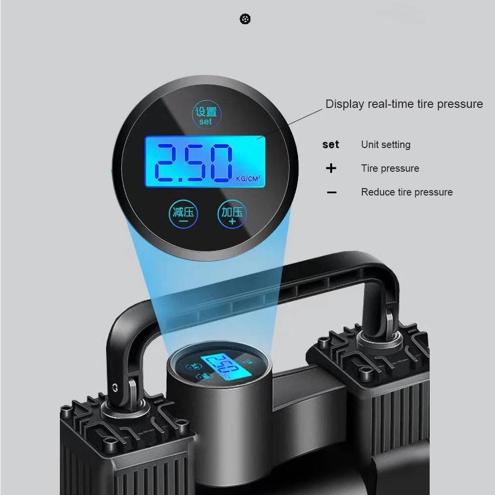 12V Mini Air Compressor – 150 PSI Dual Cylinder Tyre Inflator with LED Light