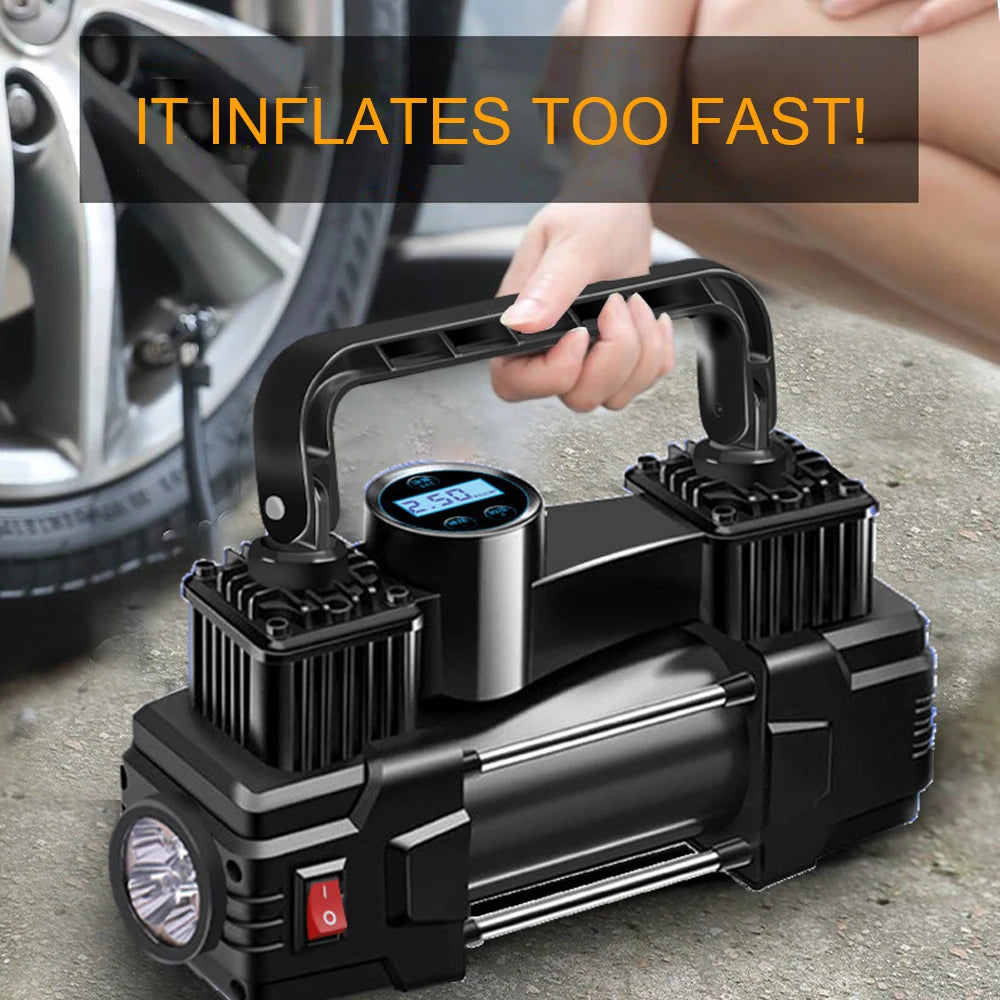 12V Mini Air Compressor – 150 PSI Dual Cylinder Tyre Inflator with LED Light