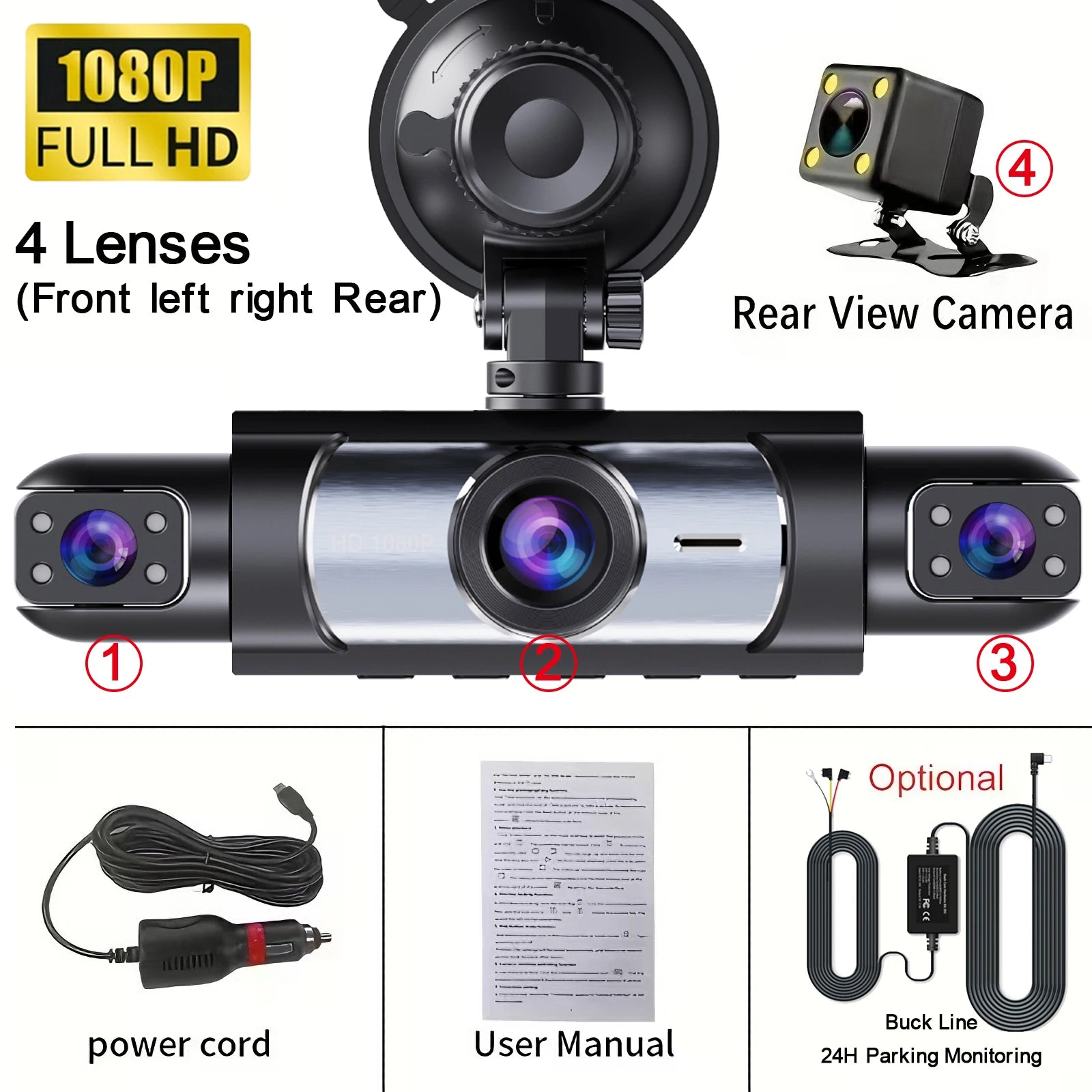 360° Car Dash Cam 1080P – Front & Rear DVR with Night Vision & Parking Monitor