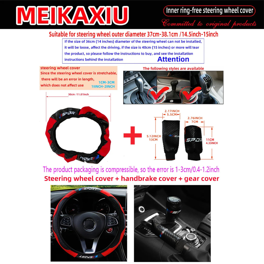 3PCS PU Leather Carbon Fiber Sport Car Steering Wheel Cover Handbrake Gearshift Automotive Accessories Rimless Design