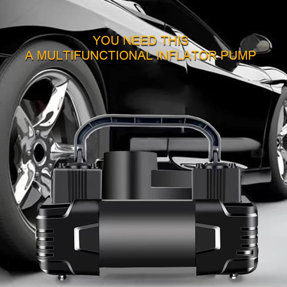 12V Mini Air Compressor – 150 PSI Dual Cylinder Tyre Inflator with LED Light