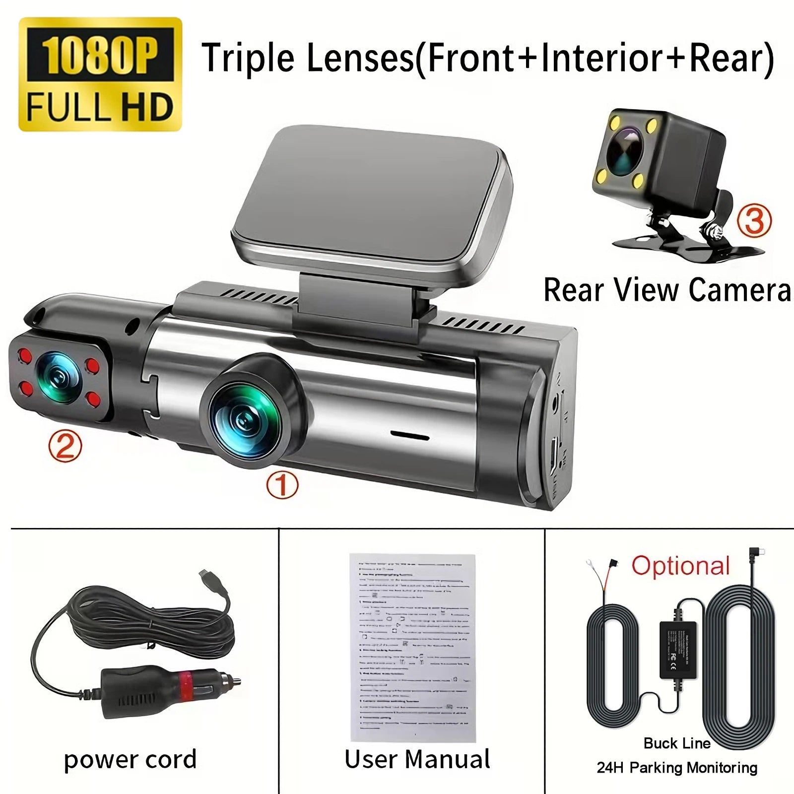 360° Car Dash Cam 1080P – Front & Rear DVR with Night Vision & Parking Monitor