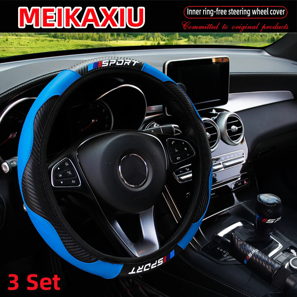 3PCS PU Leather Carbon Fiber Sport Car Steering Wheel Cover Handbrake Gearshift Automotive Accessories Rimless Design