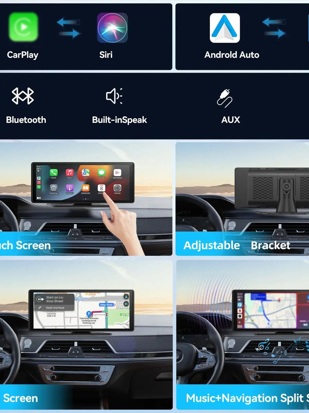 10" Portable Wireless CarPlay & Android Auto Screen – Touchscreen Car Display
