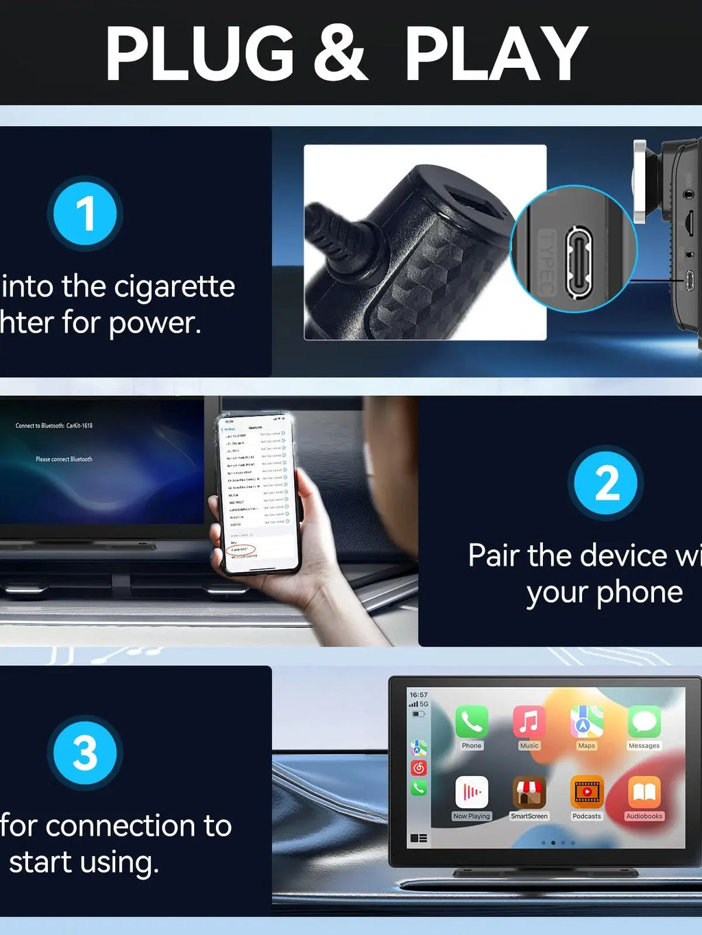 10" Portable Wireless CarPlay & Android Auto Screen – Touchscreen Car Display