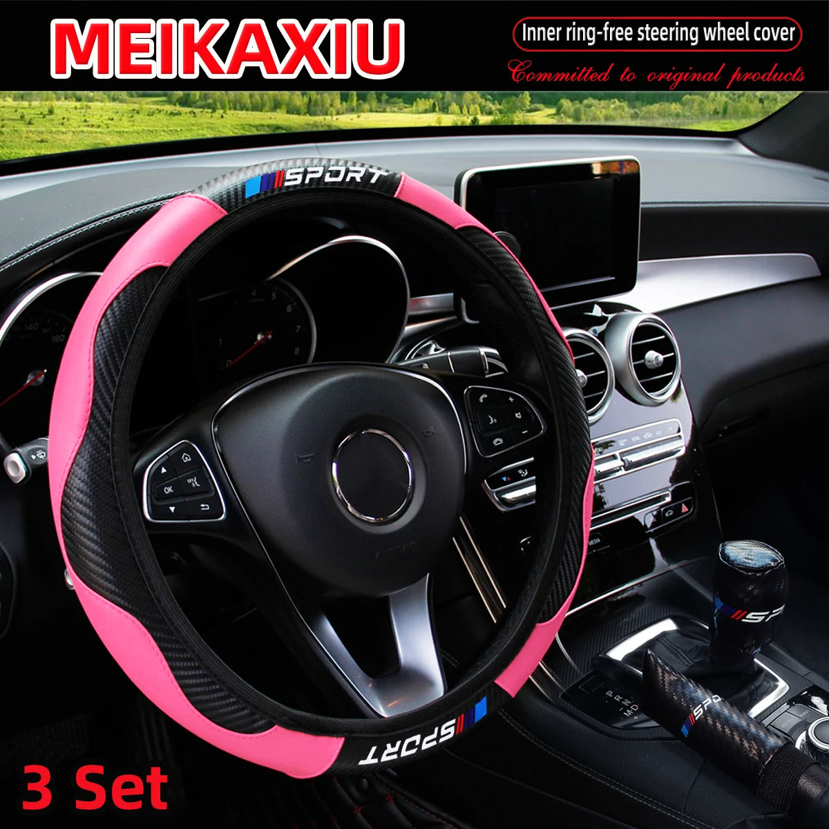3PCS PU Leather Carbon Fiber Sport Car Steering Wheel Cover Handbrake Gearshift Automotive Accessories Rimless Design