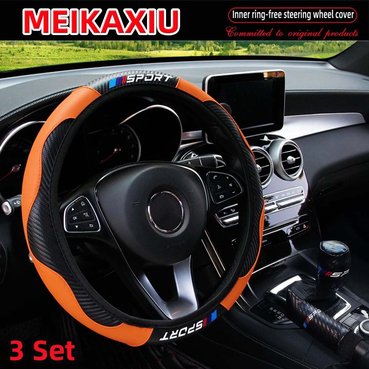 3PCS PU Leather Carbon Fiber Sport Car Steering Wheel Cover Handbrake Gearshift Automotive Accessories Rimless Design