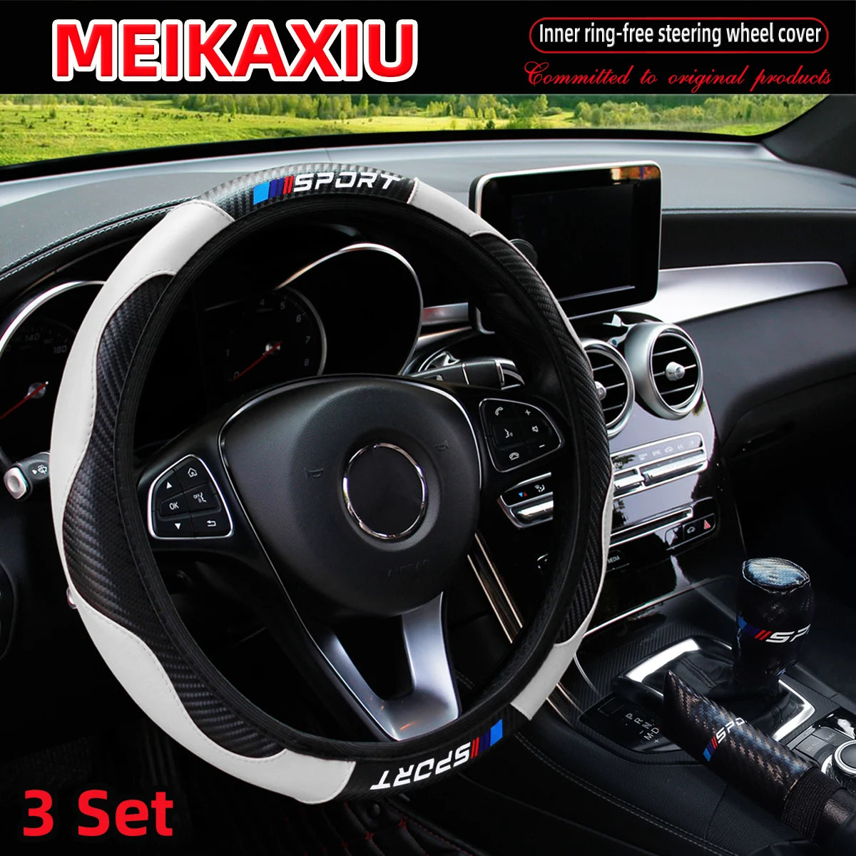 3PCS PU Leather Carbon Fiber Sport Car Steering Wheel Cover Handbrake Gearshift Automotive Accessories Rimless Design