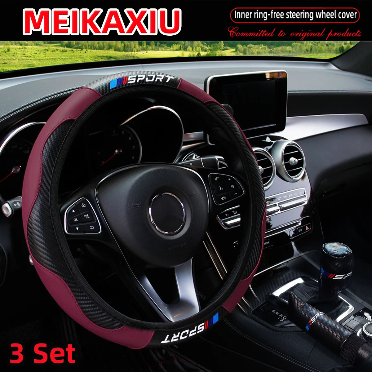 3PCS PU Leather Carbon Fiber Sport Car Steering Wheel Cover Handbrake Gearshift Automotive Accessories Rimless Design