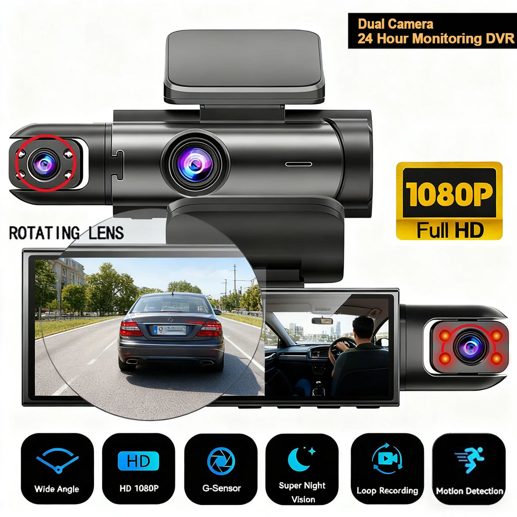 360° Car Dash Cam 1080P – Front & Rear DVR with Night Vision & Parking Monitor