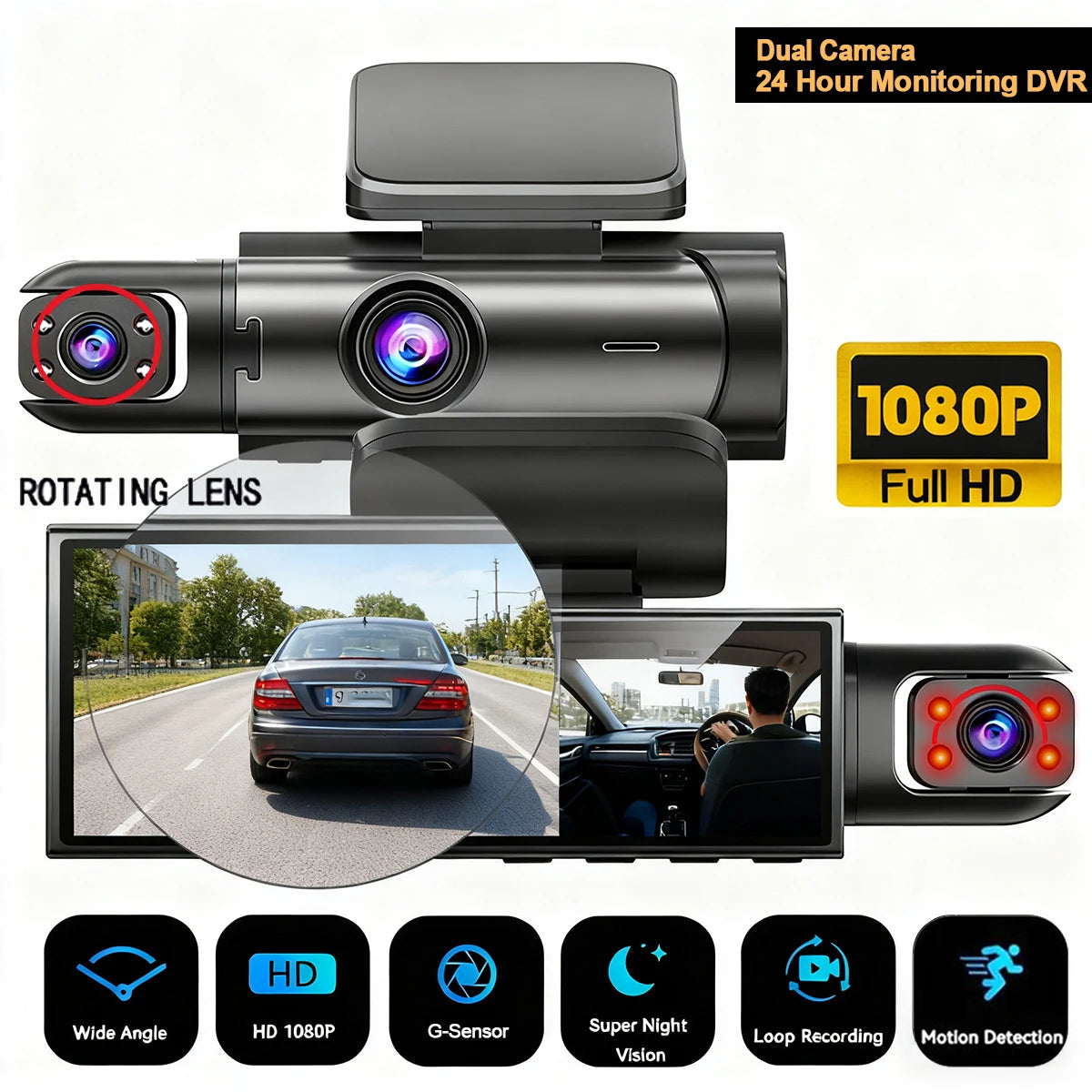 360° Car Dash Cam 1080P – Front & Rear DVR with Night Vision & Parking Monitor