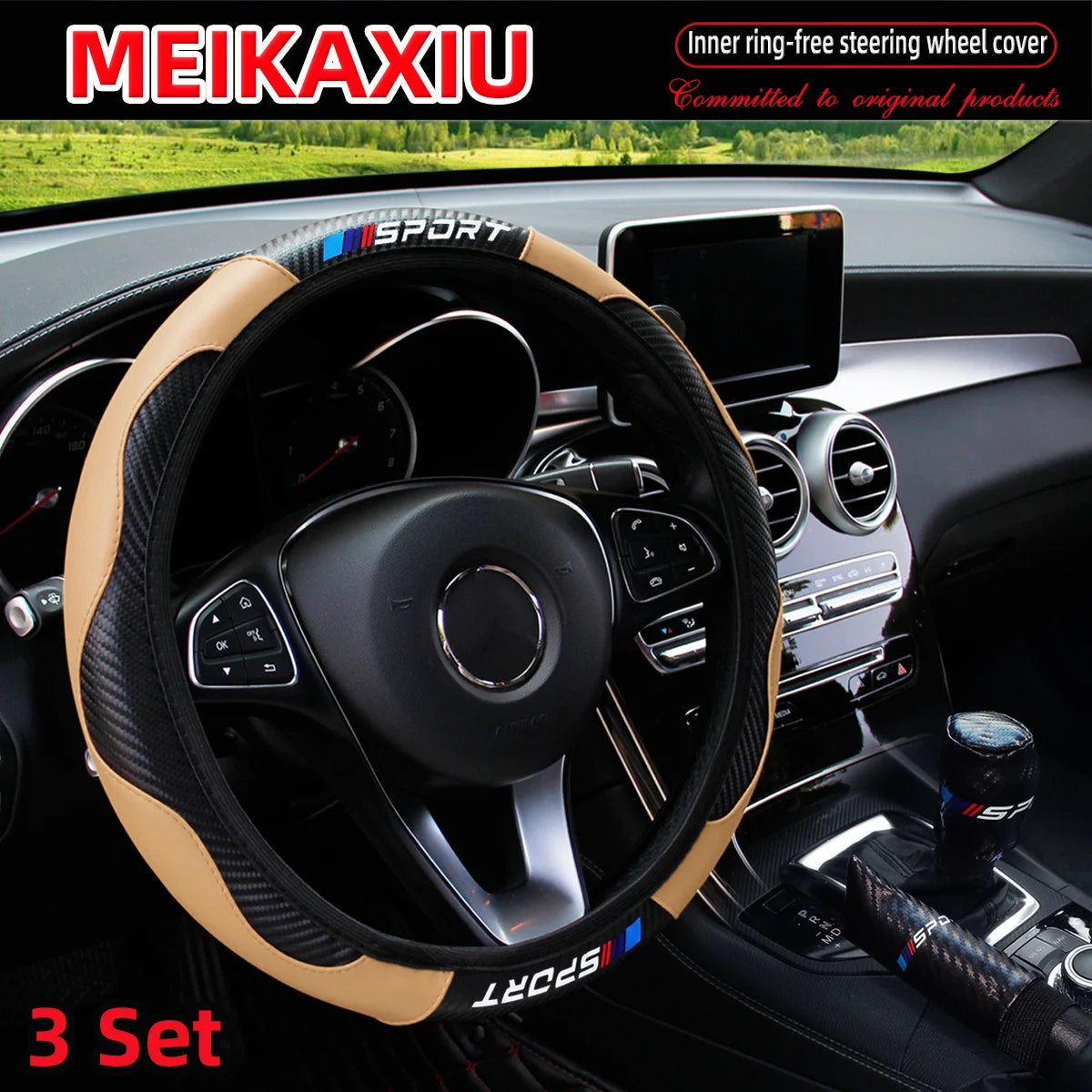 3PCS PU Leather Carbon Fiber Sport Car Steering Wheel Cover Handbrake Gearshift Automotive Accessories Rimless Design