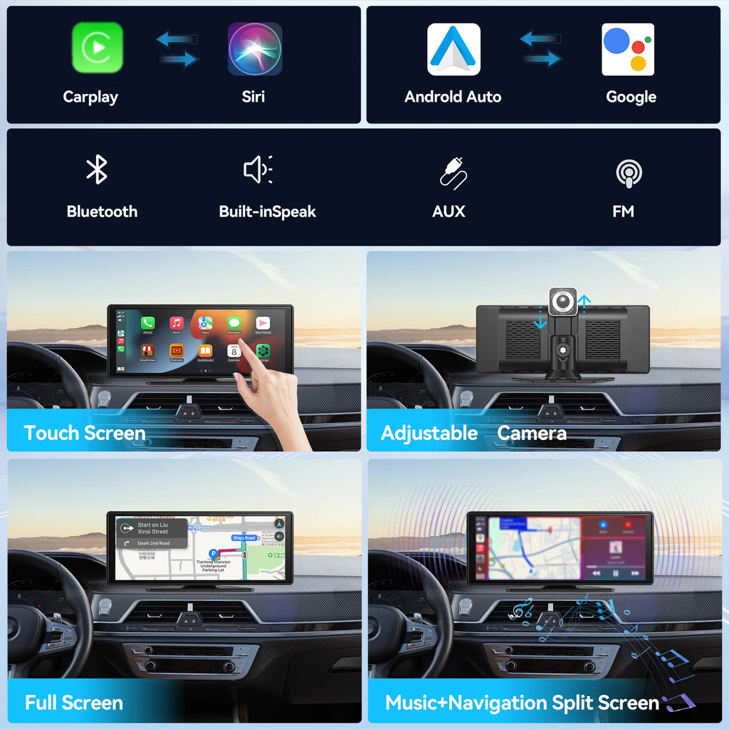 10" Portable Wireless CarPlay & Android Auto Screen – Touchscreen Car Display