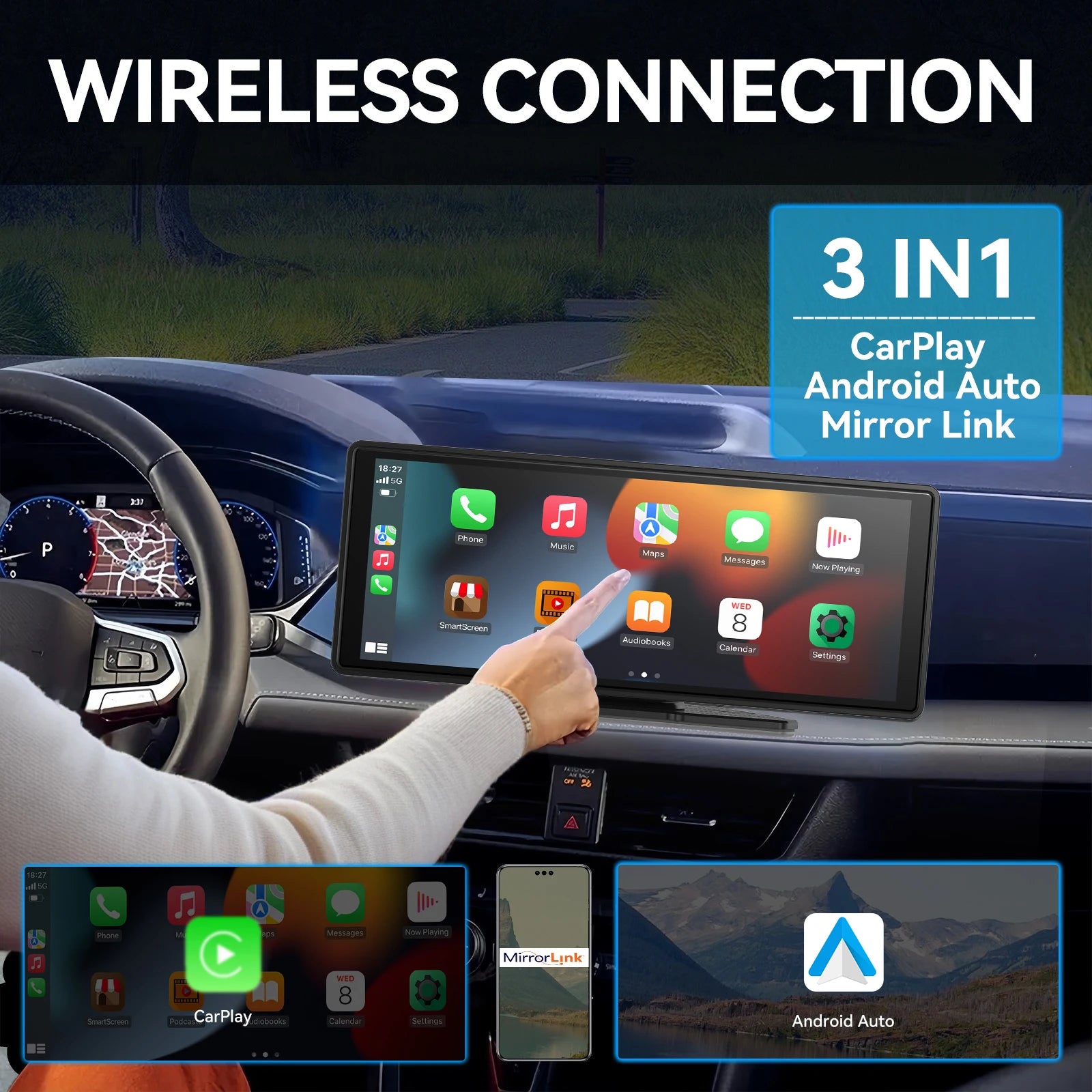 10" Portable Wireless CarPlay & Android Auto Screen – Touchscreen Car Display