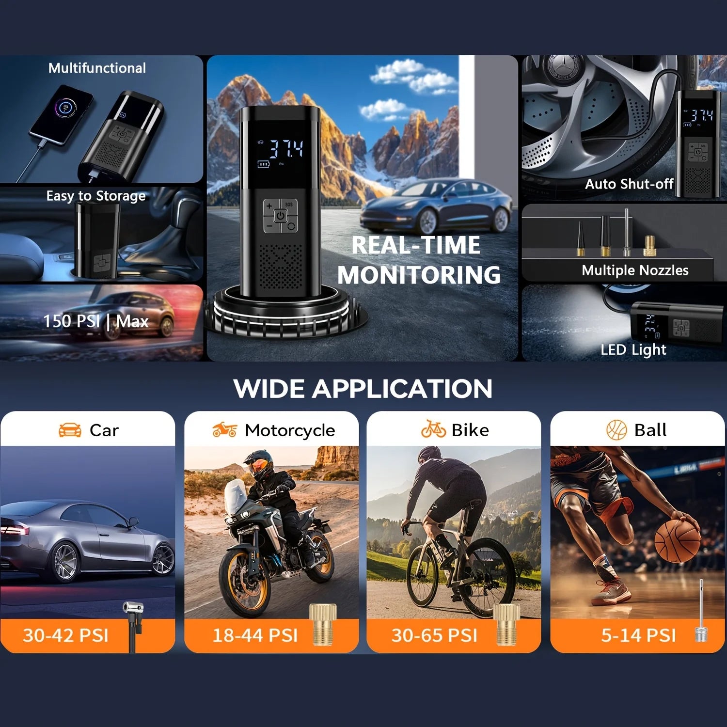 Portable Cordless Car Air Compressor – 150 PSI Digital Tyre Inflator (USB Rechargeable)