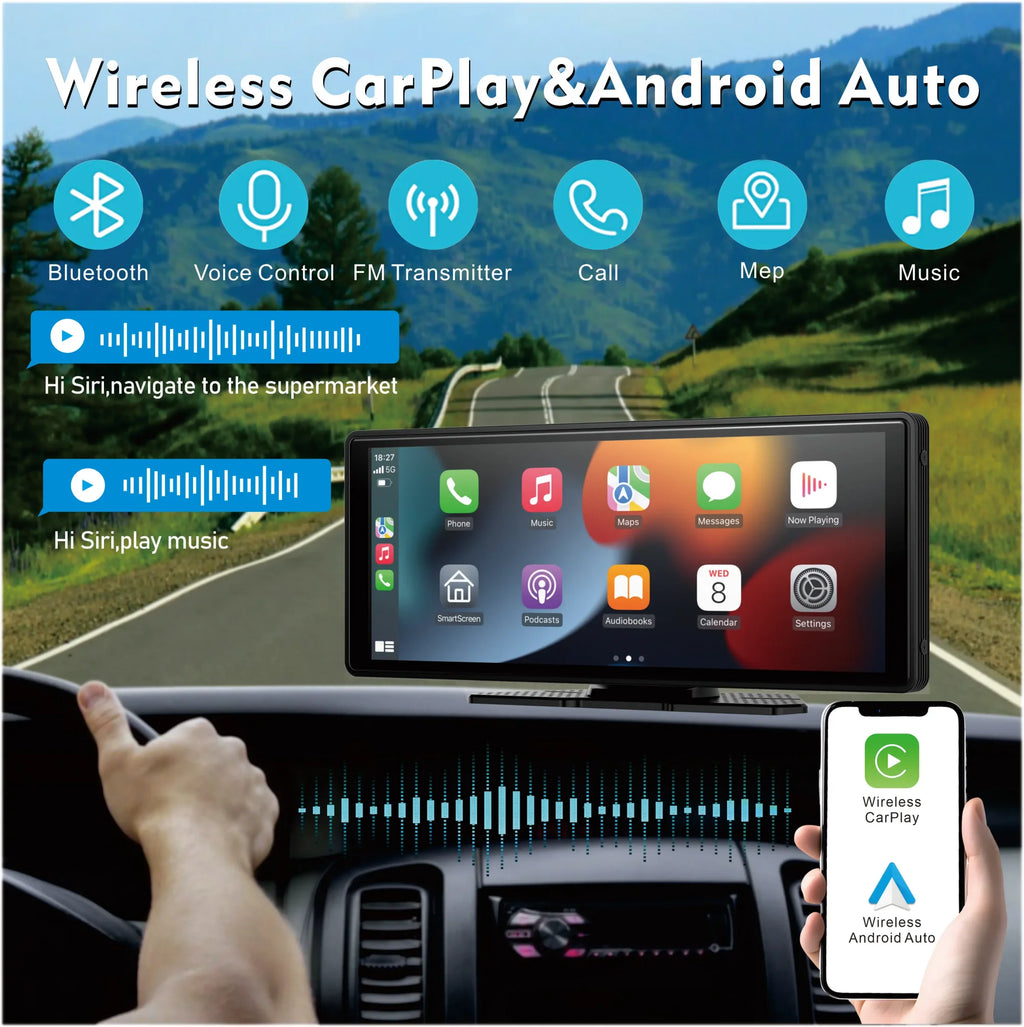 10" Portable Wireless CarPlay & Android Auto Screen – Touchscreen Car Display