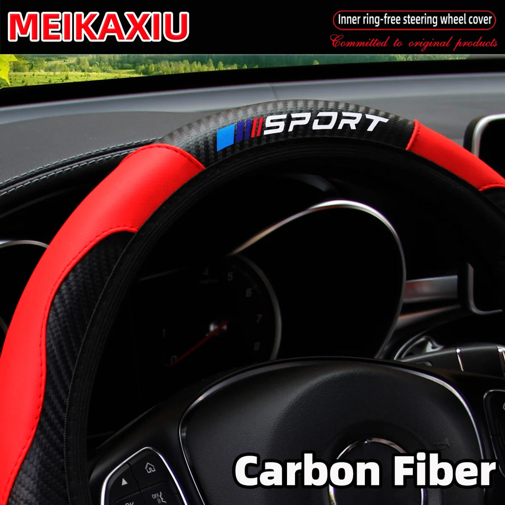 3PCS PU Leather Carbon Fiber Sport Car Steering Wheel Cover Handbrake Gearshift Automotive Accessories Rimless Design