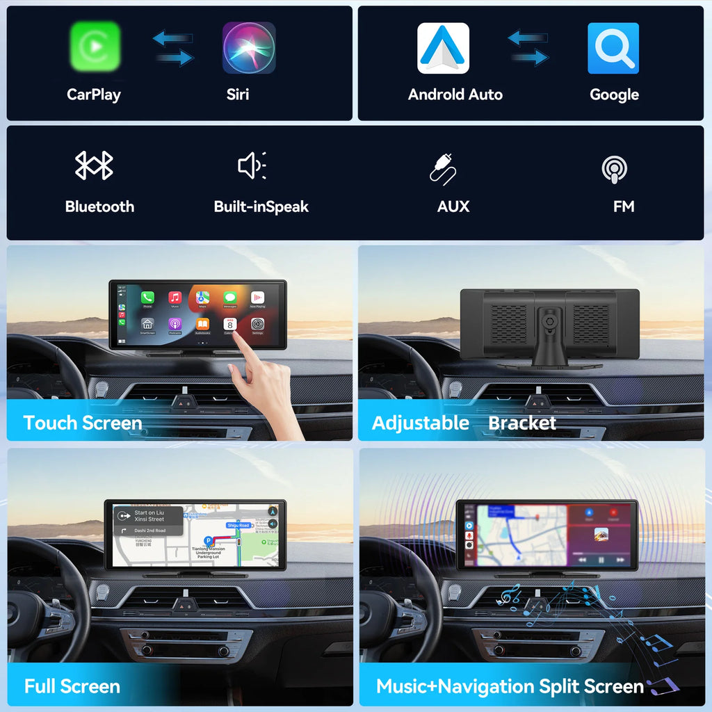 10" Portable Wireless CarPlay & Android Auto Screen – Touchscreen Car Display