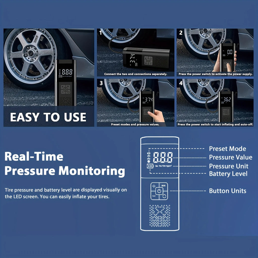 Portable Cordless Car Air Compressor – 150 PSI Digital Tyre Inflator (USB Rechargeable)